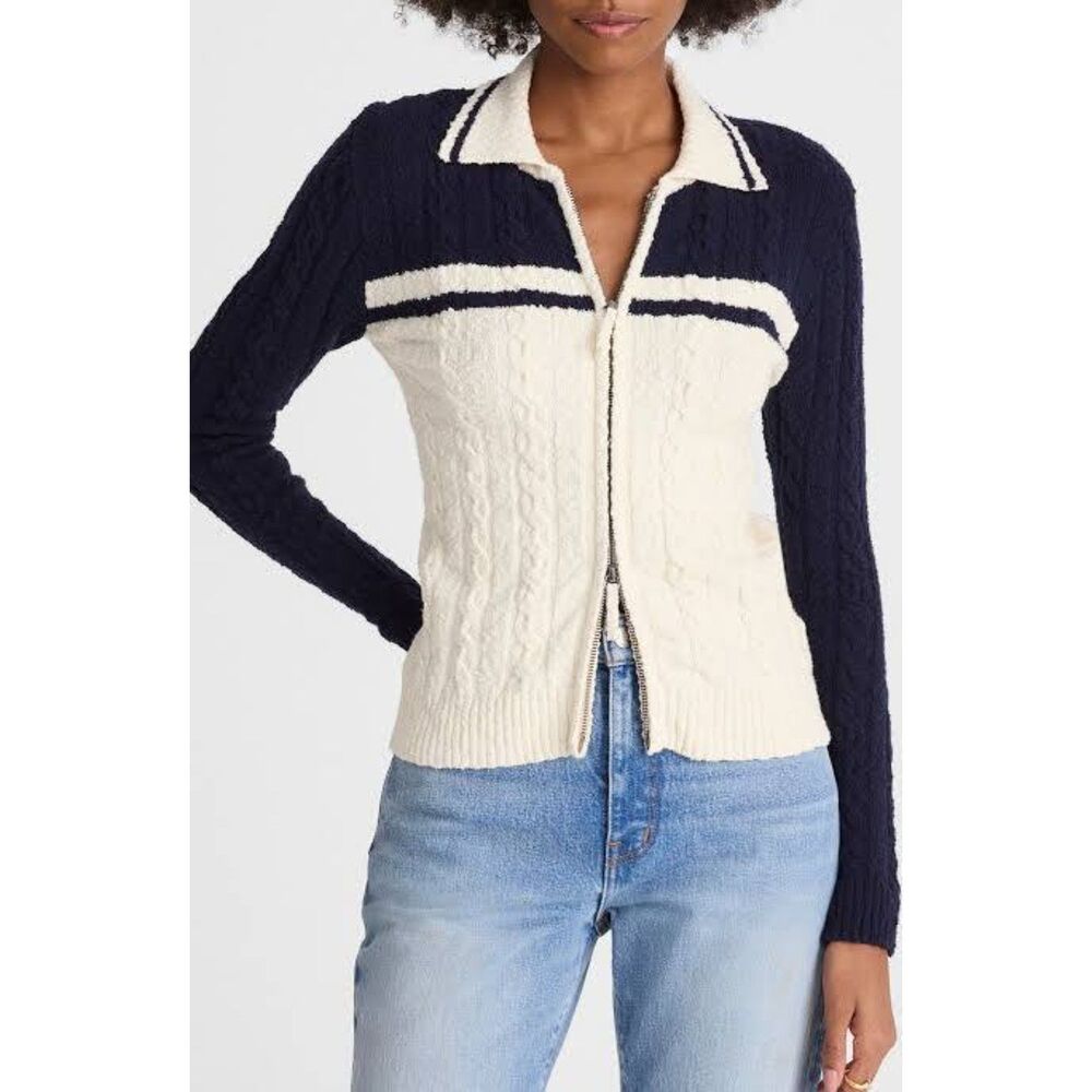 Madewell Cable-Knit Zip Cardigan Navy and Ivory Color Block Preppy Size XL